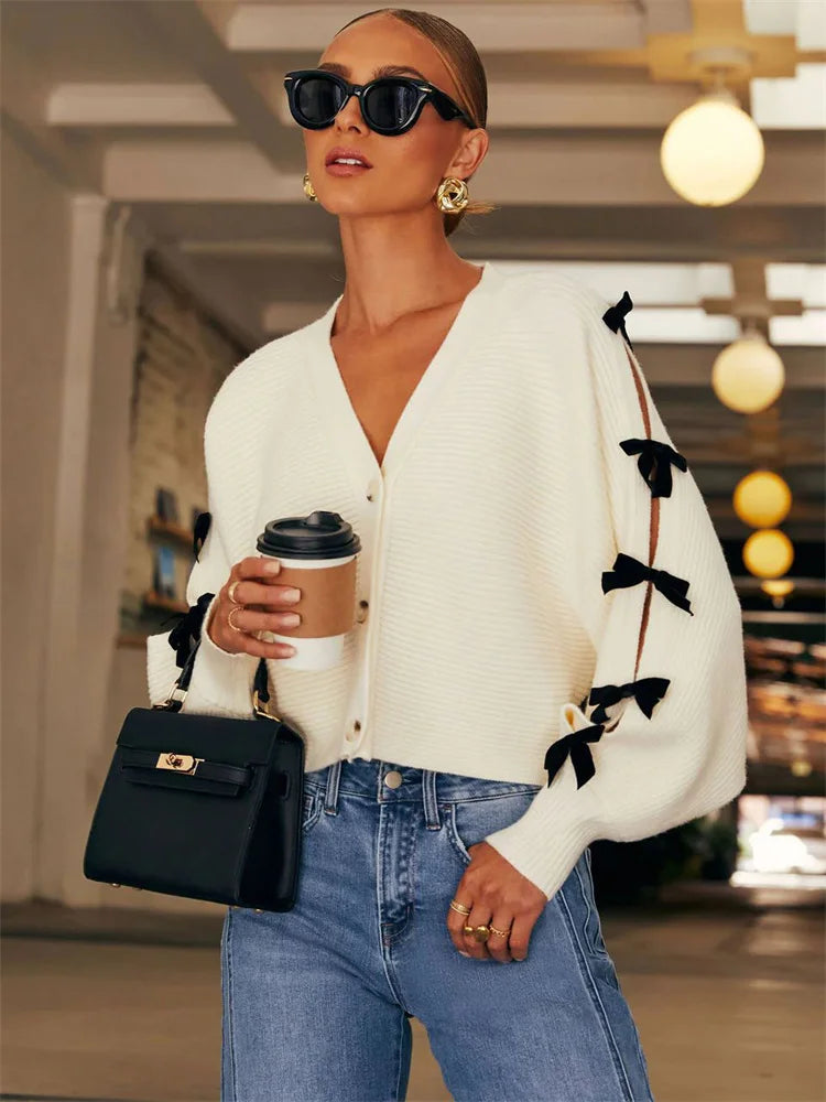 Suéter tipo cárdigan de punto con lazo para mujer, cuello en V, acanalado, calado, informal, con cordones en contraste, elegante, para mujer