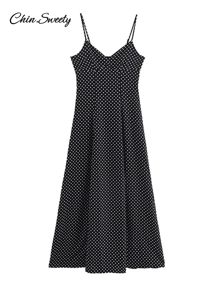 Elegant Dot Strapless Maxi Dress Women Pleat V-neck Sleeveless Backless High Waist A-line Dresses 2025 Summer Vacation Robes New