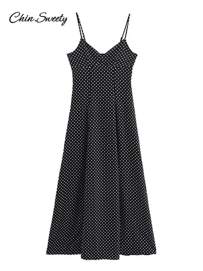 Elegant Dot Strapless Maxi Dress Women Pleat V-neck Sleeveless Backless High Waist A-line Dresses 2025 Summer Vacation Robes New