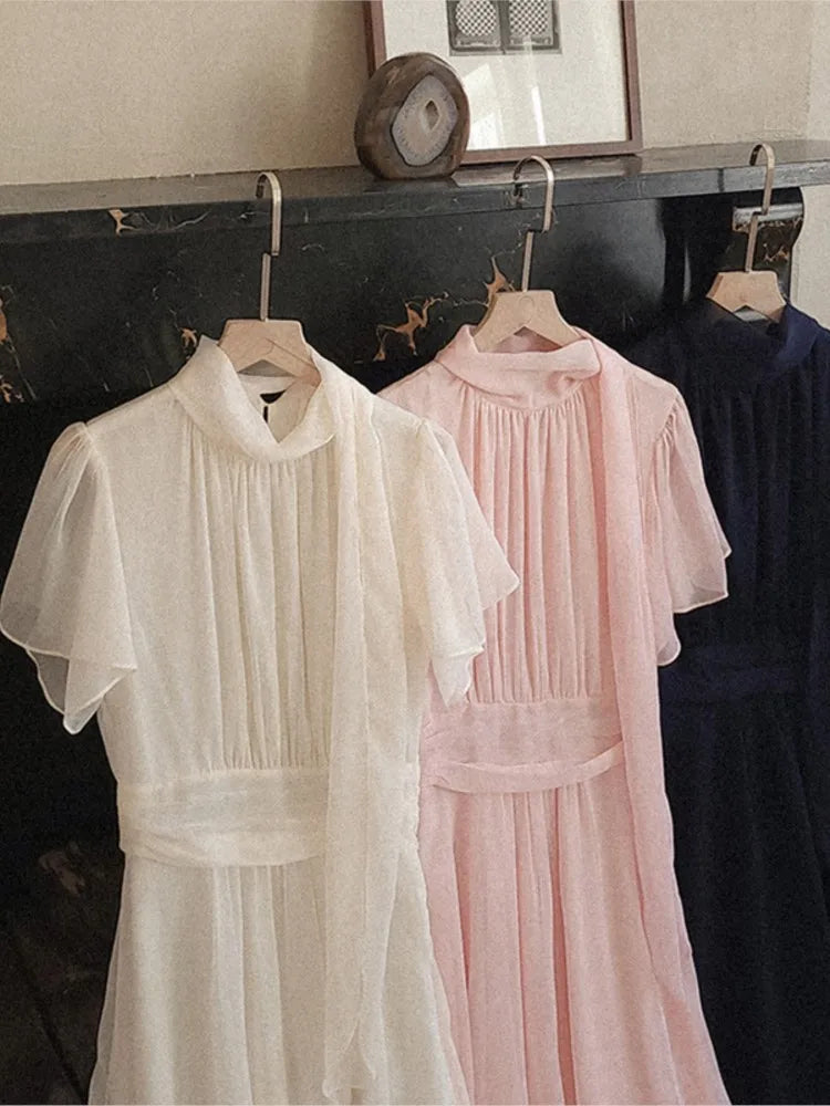 Elegantes vestidos midi sólidos para mujer, con volantes, cuello medio alto, corte en A, para oficina, informales, moda coreana, otoño, nuevos vestidos para mujer