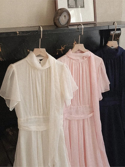 Elegantes vestidos midi sólidos para mujer, con volantes, cuello medio alto, corte en A, para oficina, informales, moda coreana, otoño, nuevos vestidos para mujer