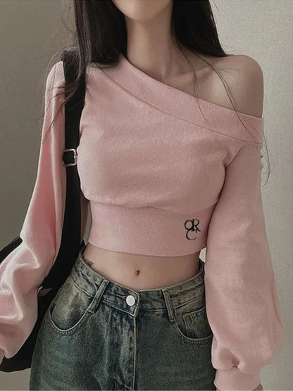 Camisetas de moda para mujer, blusas casuales de manga larga, cuello alto, lisas, cómodas y de un solo hombro.