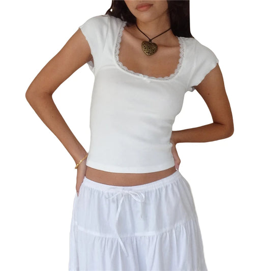 Camisetas para bebé Y2K, camiseta sin mangas informal para mujer con ribete de encaje, manga corta, cuello cuadrado y lazo, ropa urbana de los años 2000