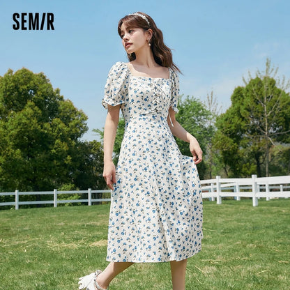Dress Women Texture Chiffon Floral Romantic Temperament Square Neck Tea Break Dress