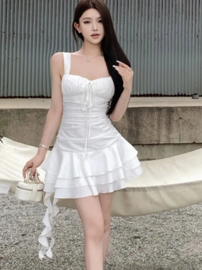 Vestidos cortos de verano para mujer, estilo playero, con tirantes finos y volantes, corte A, para fiesta de cumpleaños, estilo coreano chic