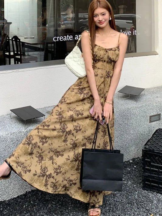 Vestidos midi con estampado vintage francés para mujer, tirantes finos, corsé ajustado, corte en A, novedad de verano, vestido informal de una pieza para mujer