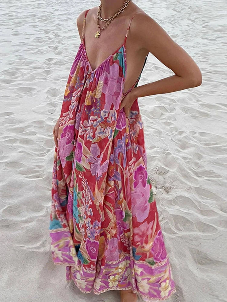 Loose Printed V-neck Sling Dresses Women Retro Printing Sleeveless Backless Long Dress Female Spring Chic Street Beach Holiday