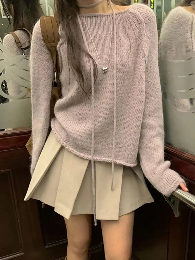 Suéteres casuales de punto con cuello redondo para mujer, suéter coreano holgado liso con tiras finas, prenda de punto elegante de calle para otoño