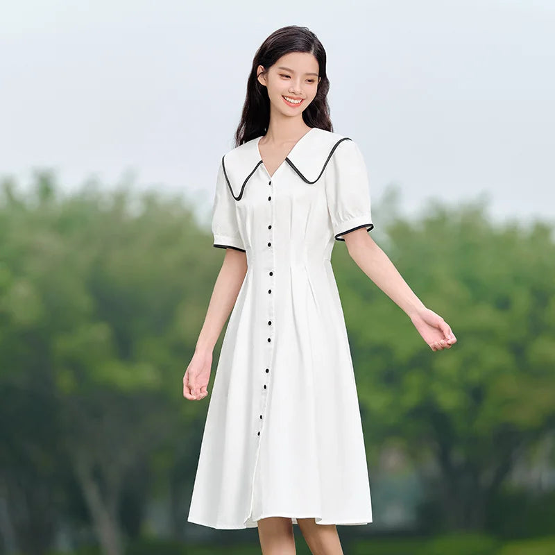 Vestido de mujer de algodón puro con mangas abullonadas, nuevo vestido de verano con bloques de color, solapa grande y largo medio, estilo universitario.