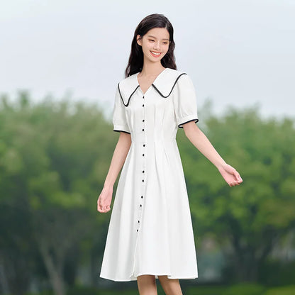Vestido de mujer de algodón puro con mangas abullonadas, nuevo vestido de verano con bloques de color, solapa grande y largo medio, estilo universitario.