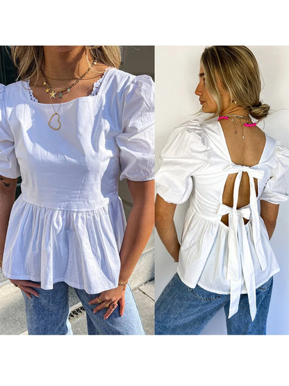 Camisas vintage con mangas abullonadas y cordones para mujer, camisa elegante lisa sin espalda con cuello cuadrado, blusas de calle de moda dulce de verano para mujer