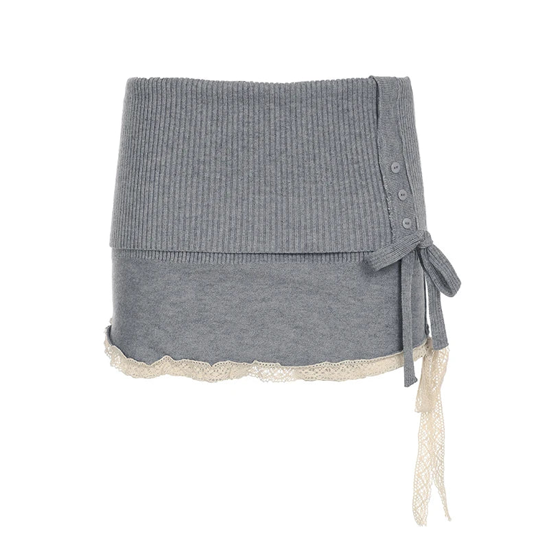 Simple Casual Solid Lace Trim Bow Women¡¯s Mini Short Knitted Fashion All-Match Sweet Cute Short