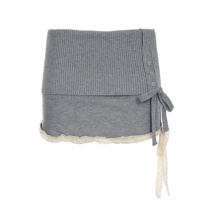 Simple Casual Solid Lace Trim Bow Women¡¯s Mini Short Knitted Fashion All-Match Sweet Cute Short