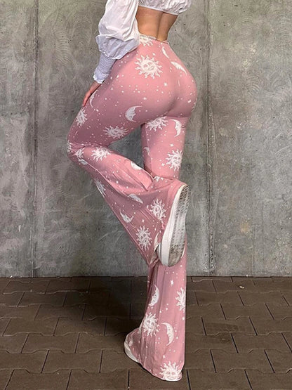 Pantalones rosas de moda de verano para mujer, pantalones casuales ajustados con estampado largo, acampanados, ropa de calle para mujer, pantalones abstractos de patchwork de tiro bajo Y2k