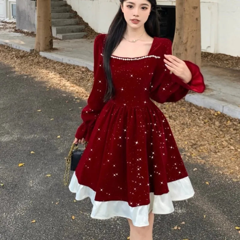 Vestidos midi de terciopelo brillante de otoño para mujer, manga larga, cuello cuadrado, volantes extragrandes, patchwork, vestido de fiesta de Navidad.
