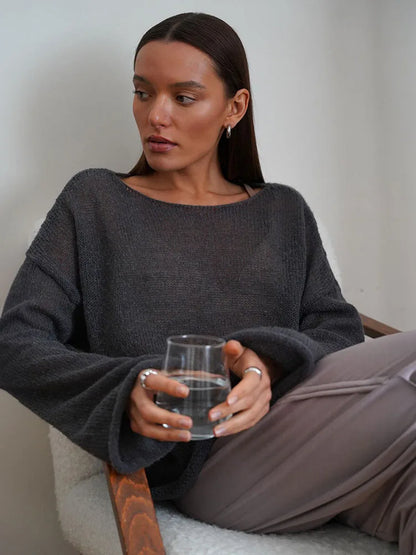 Knitted Round Neck Hollow Pullover Top Women’s Summer Fashion Casual Loose Pullover Long Sleeve Streetwear Top Pullover