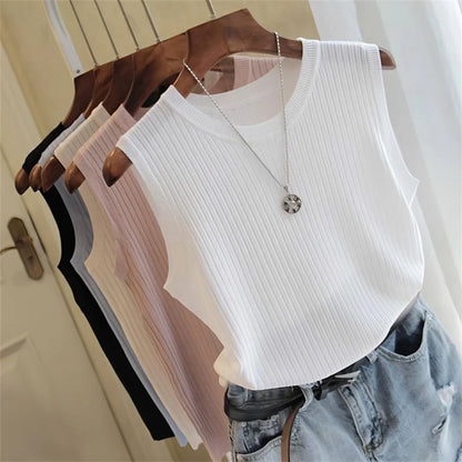 Blusa de verano sin mangas para mujer, blusa de punto con cuello redondo, ropa para mujer, tops para mujer DF4903