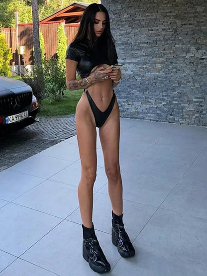 Body sexy de PU, lencería negra, top para mujer, atuendo rave, cuerpo femenino de manga corta, ahuecado, de una pieza, lencería sexy para mujer