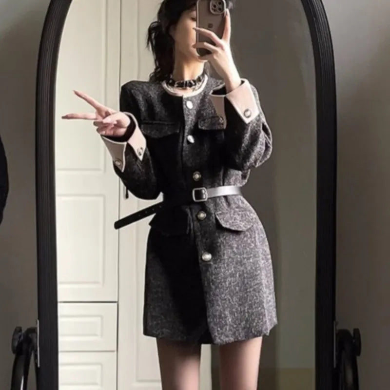 Autumn Winter Mini Dresses for Women with Belt Turn-down Collar Patchwork O-neck Korean Fashion Blazer Dress Casual Vestidos