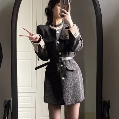 Autumn Winter Mini Dresses for Women with Belt Turn-down Collar Patchwork O-neck Korean Fashion Blazer Dress Casual Vestidos