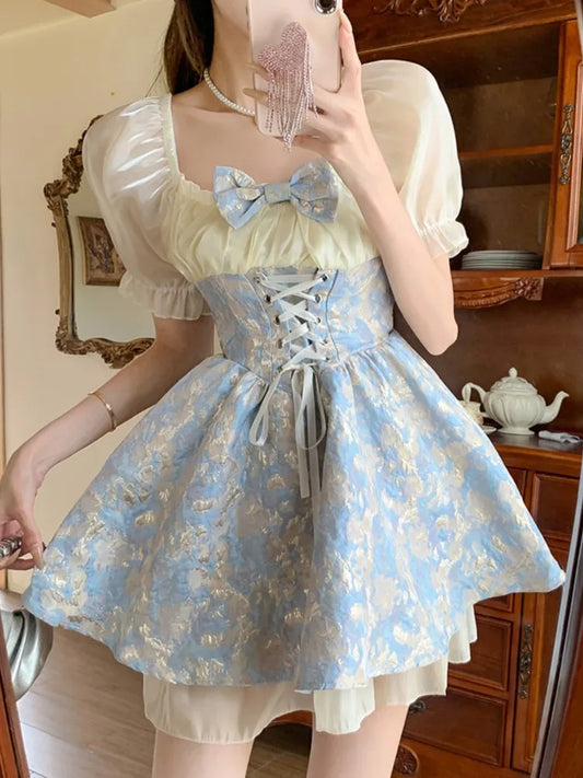 Vestido de fiesta de princesa vintage francés con corsé con cordones y estampado corto para mujer, vestido de una pieza con cuello cuadrado y lazo de patchwork
