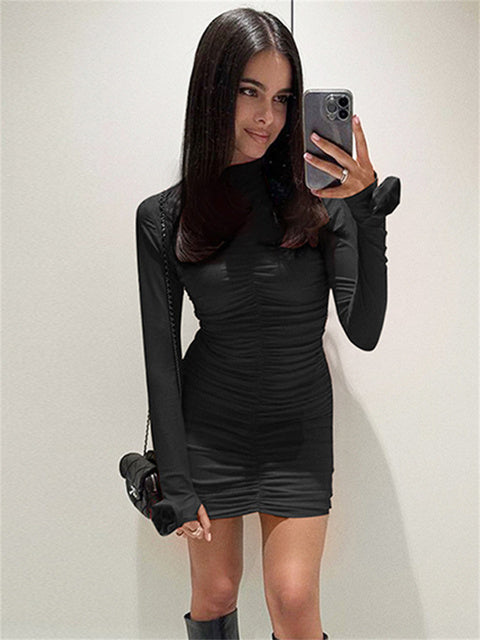 Vestido mini plisado floral ajustado para mujer, manga larga, cintura alta, liso, informal, sexy, Y2k, ropa de otoño para mujer, minivestido
