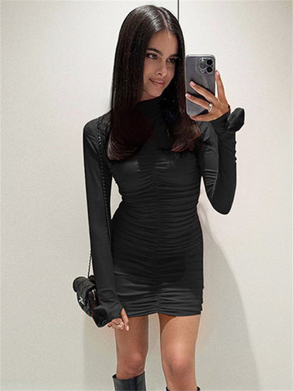 Vestido mini plisado floral ajustado para mujer, manga larga, cintura alta, liso, informal, sexy, Y2k, ropa de otoño para mujer, minivestido