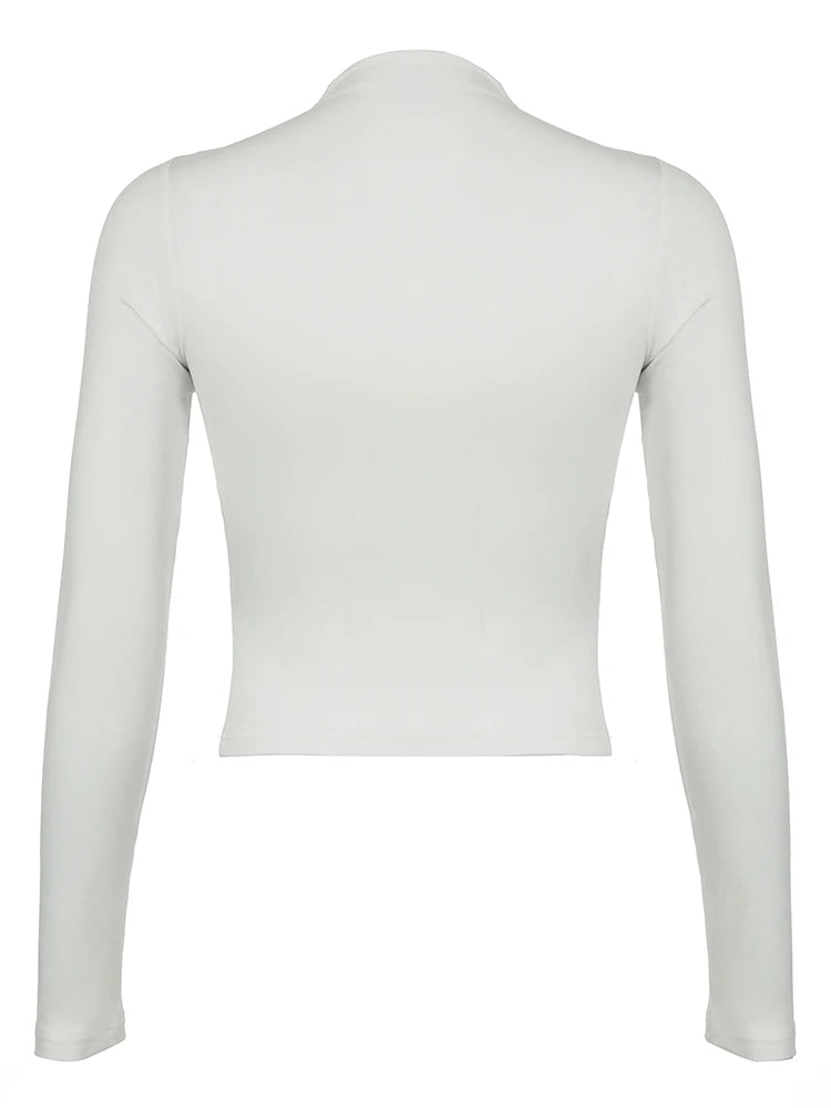 Camiseta blanca elegante con cuello alto y asimétrico para mujer, de manga larga, ajustada, lisa, básica, para primavera y otoño