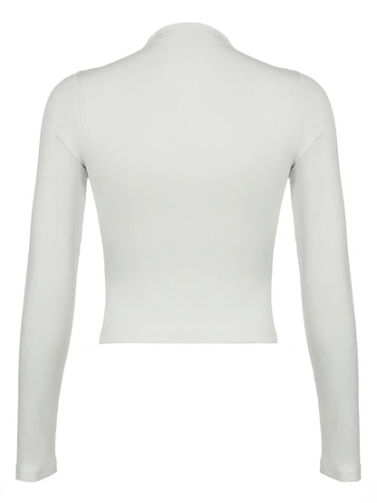 Camiseta blanca elegante con cuello alto y asimétrico para mujer, de manga larga, ajustada, lisa, básica, para primavera y otoño