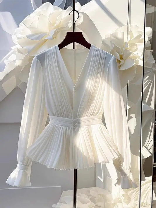 Blusa básica de chifón con cuello en V y volantes para mujer, elegante, blanca, plisada, de manga larga, informal, para oficina