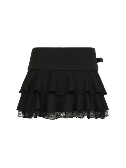 Minifalda gótica Y2K con lazo y ribete de encaje negro para mujer, ropa de calle coreana