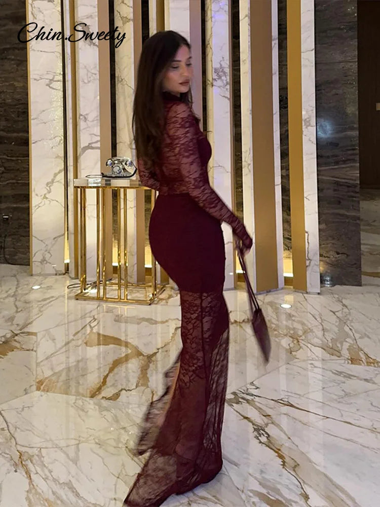 Vestidos largos sexis de encaje con retazos para mujer, vestido de fiesta ajustado con cuello alto y aberturas, vestido transparente ajustado para primavera 2025, nuevo
