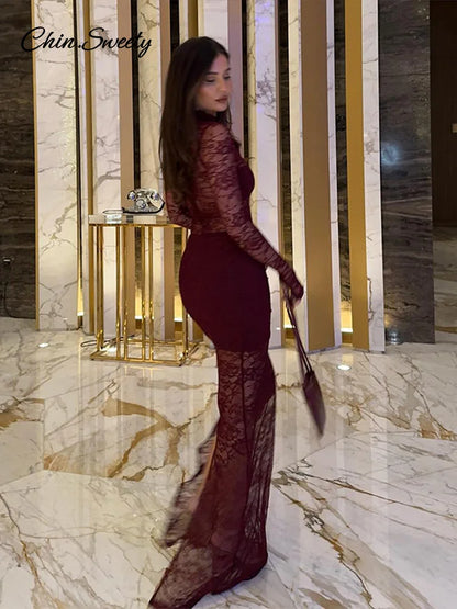 Vestidos largos sexis de encaje con retazos para mujer, vestido de fiesta ajustado con cuello alto y aberturas, vestido transparente ajustado para primavera 2025, nuevo