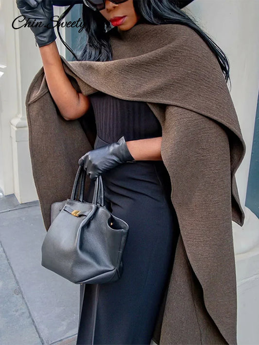 Elegant Irregular Cloak Coat Women Solid Half Sleeve O Neck Scarf Loose Female Jacket 2025 Winter Lady Thick Chic Overcoat New