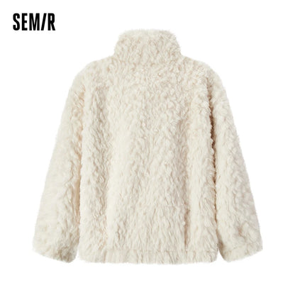 Coat Women Imitation Rabbit Fur Imitation Suede Patchwork Retro  New Winter Loose Stand-Up Collar Jacket