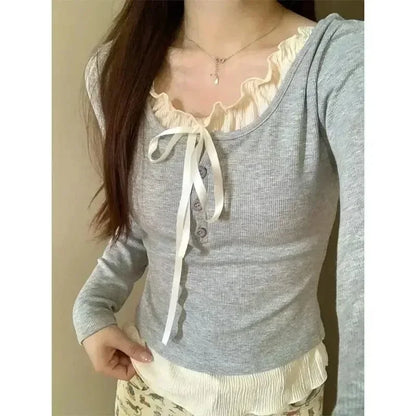 T-shirts Women Slim Sweet College Fashion Korean Spring Soft Leisure Cropped Spliced Designed  New Arrival Daily Casual