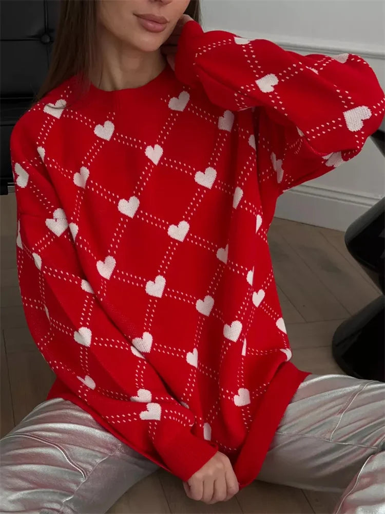 Autumn Printed Knitwear Pullover For Women Casual Patchwork Long Sleeve Contrast Loose Top Clothes Female Knit Pullover