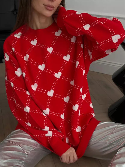Autumn Printed Knitwear Pullover For Women Casual Patchwork Long Sleeve Contrast Loose Top Clothes Female Knit Pullover