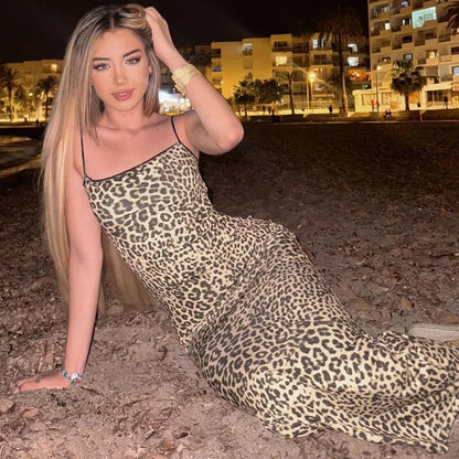 Vestidos largos con estampado de leopardo y espalda descubierta para mujer, elegantes vestidos de verano para noche, playa, vacaciones, fiesta, atuendo para mujer