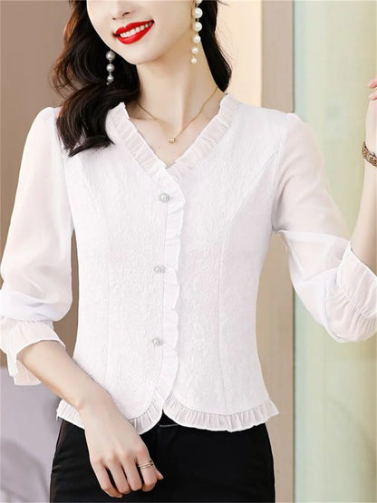 Woman Spring Autumn Style Blouses Shirts Lady Casual Long Sleeve V-Neck Solid Color Blusas Tops DF4615
