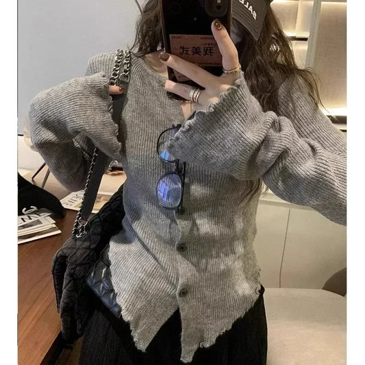 Cárdigan de otoño Hotsweet de manga larga con una sola botonadura para mujer, suéter sexy informal de punto de color liso con cuello redondo