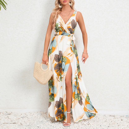 Vestidos largos sin mangas con estampado de flores de verano para mujer, vestido sexy con escote en V y abertura en el escote, vestido femenino de moda para ir al trabajo o vacaciones.