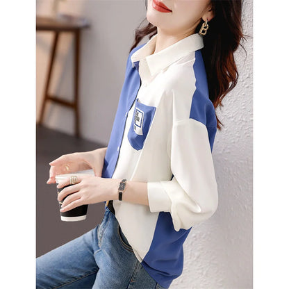 Blusas de mujer estilo primavera otoño, camisas casuales para dama, manga larga, cuello vuelto, patchwork, blusas estampadas, blusas, tops DF4852