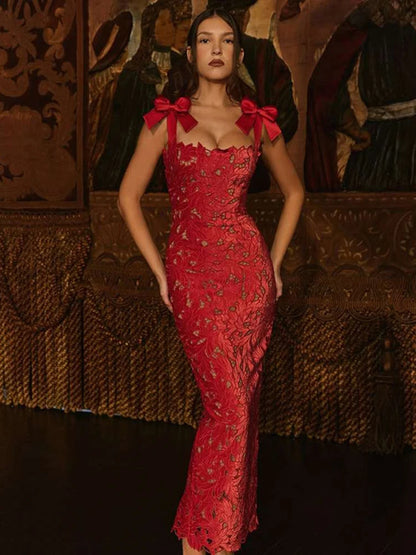 Vestido largo sexy de encaje con lazos para mujer, a la moda, sin mangas, con espalda descubierta, ajustado, para fiesta de cumpleaños de Año Nuevo y club.