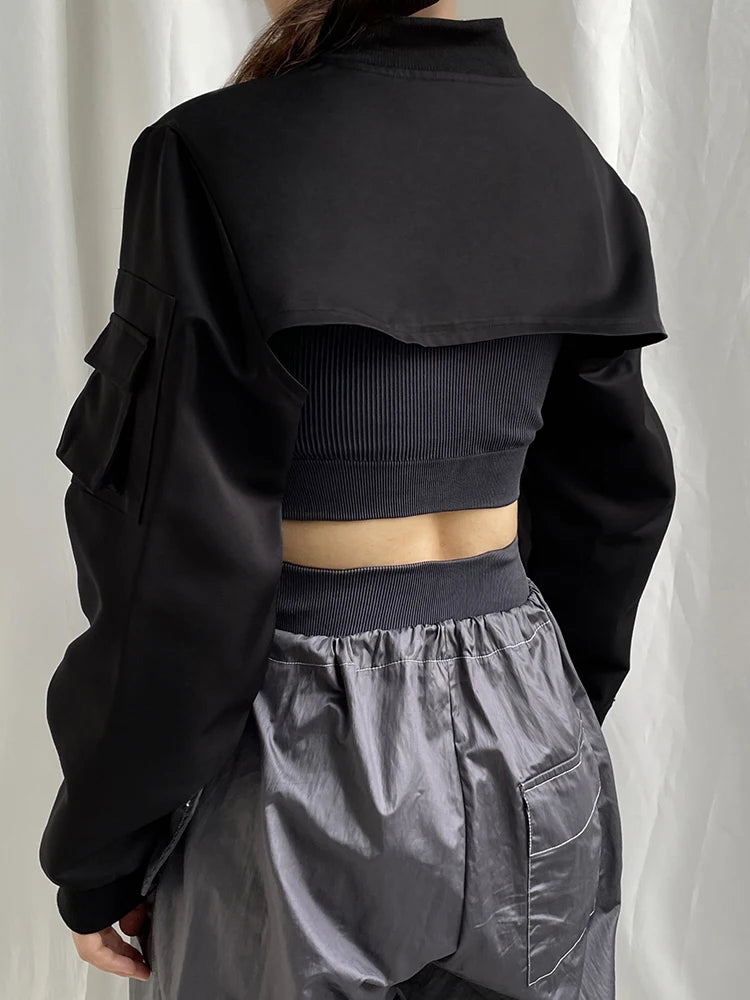 Super-short Black Jacket Zipper Long Sleeve Harajuku Cropped Tshirt Gothic Techwear Fashion Korean Tee Punk Street