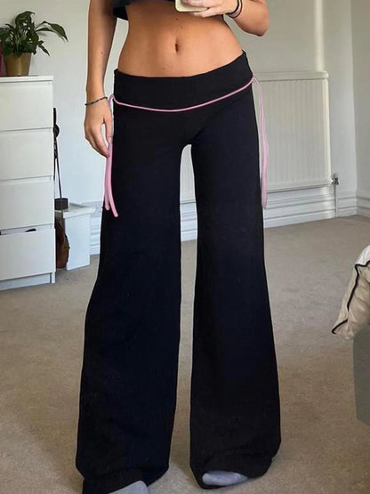 Pantalones acampanados Y2K de cintura baja con cordones en contraste para mujer, negros, básicos, sencillos, informales, de estilo dulce