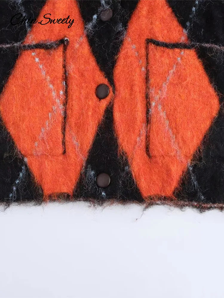 Suéter de punto de mohair con cuello redondo y contraste de colores para mujer, estampado geométrico, manga larga, holgado, de un solo pecho, prenda de punto para mujer, top que combina con todo