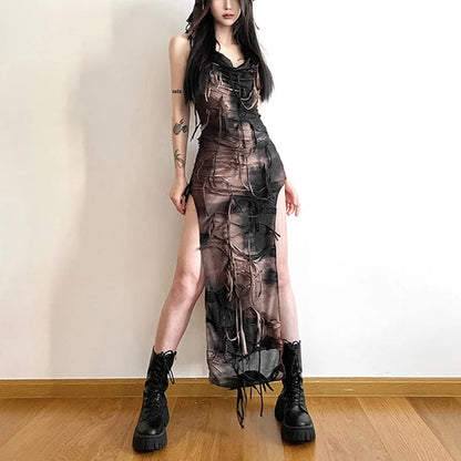 Gothic Dress Women Halloween Clothes Tie Dye Print Sleeveless Side Split Hooded Dress y2k Party Dresses Streetwear