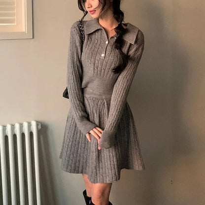 Conjunto de dos piezas de moda coreana para mujer, jersey con cuello vuelto, top corto, minifalda, traje informal liso, prendas de punto nuevas para otoño