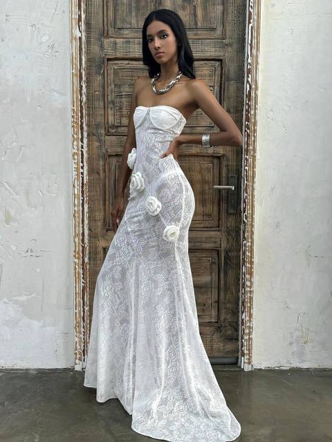 Elegant Lace Patchwork Bodycon Party Evening Dress Women Sexy Strapless 3D Flower Slim Backless Dress Autumn/winter 2025